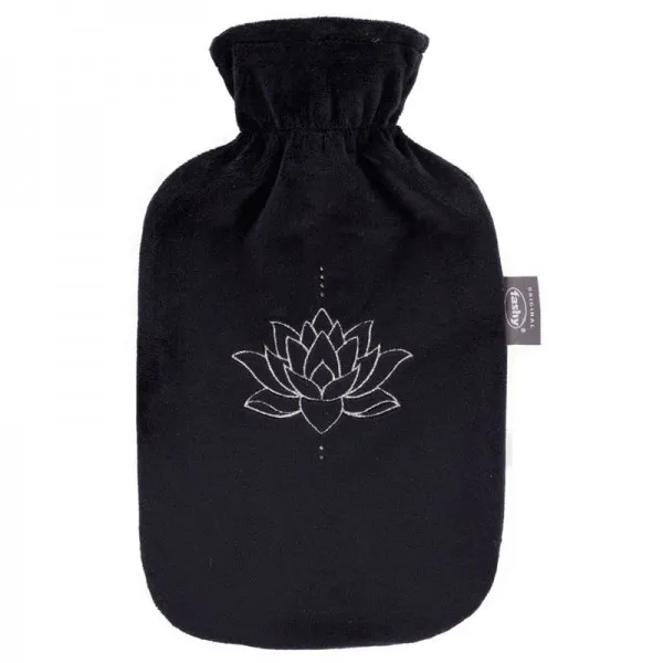 Bouillotte à eau housse Velours Noire Fleur de Lotus - 2l