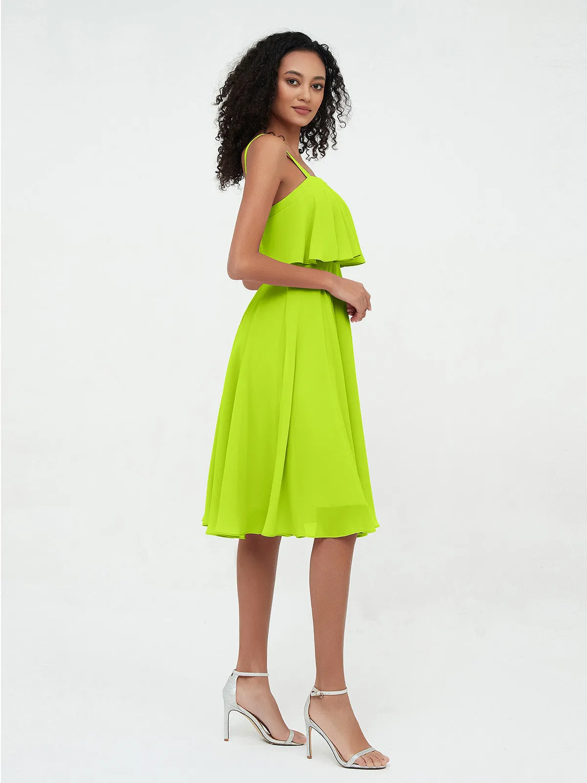 Bretelles Jupe Ronde Robes Courtes en Mousseline Vert Citron