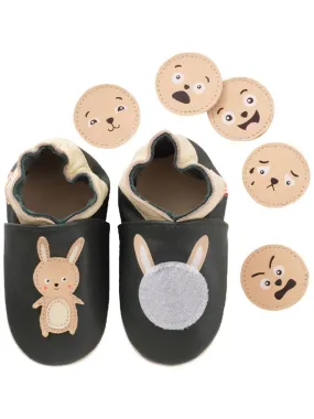 Chaussons bébé cuir souple à émotions lapin - Vert