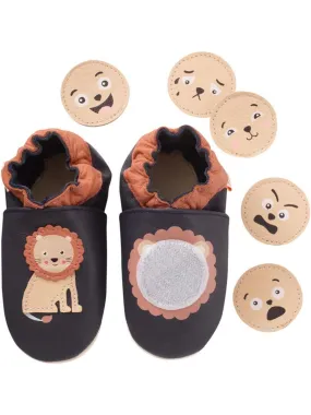 Chaussons bébé cuir souple à émotions lion - Bleu marine