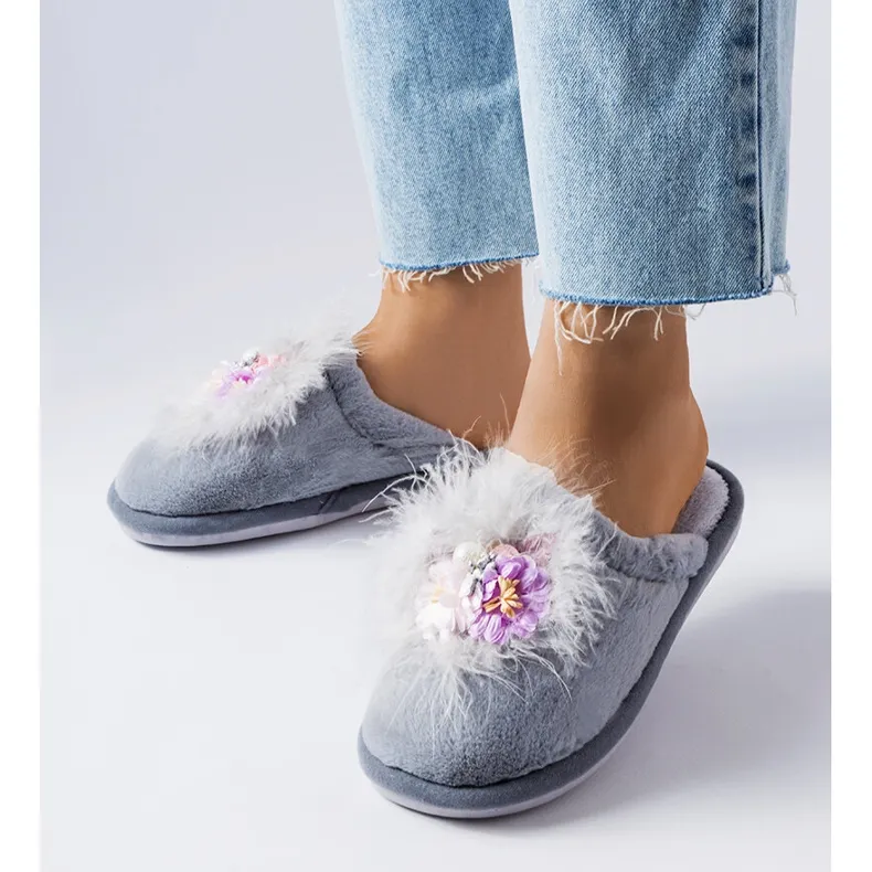 Chaussons chauds gris à fleurs Moly