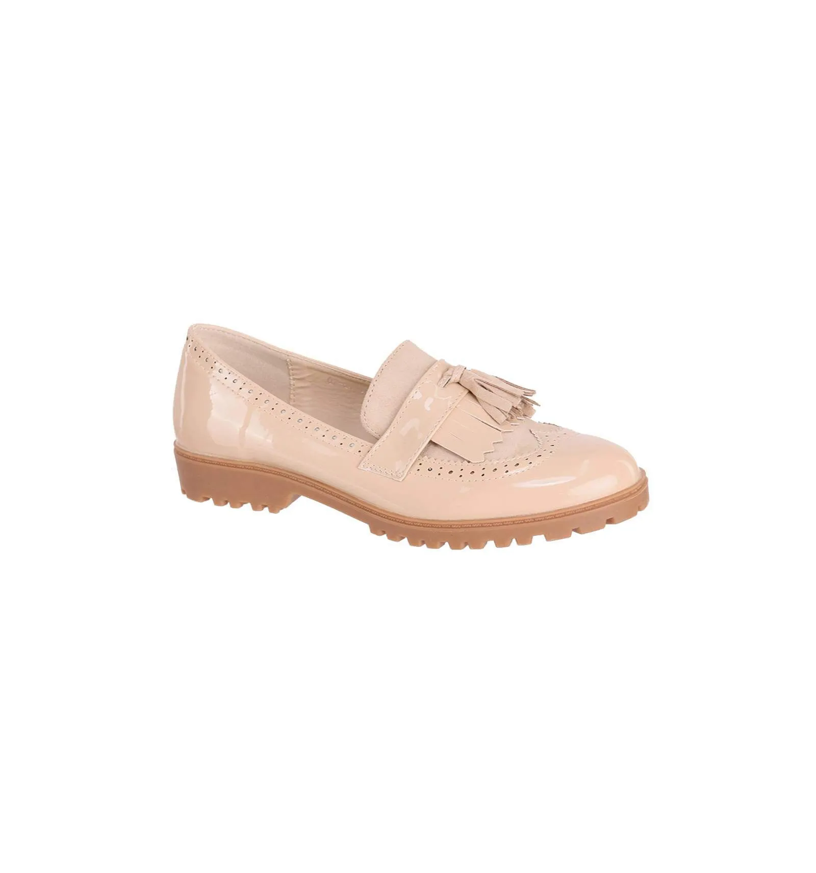 Derby simili cuir verni aspect daim couleur beige avec franges QUEEN