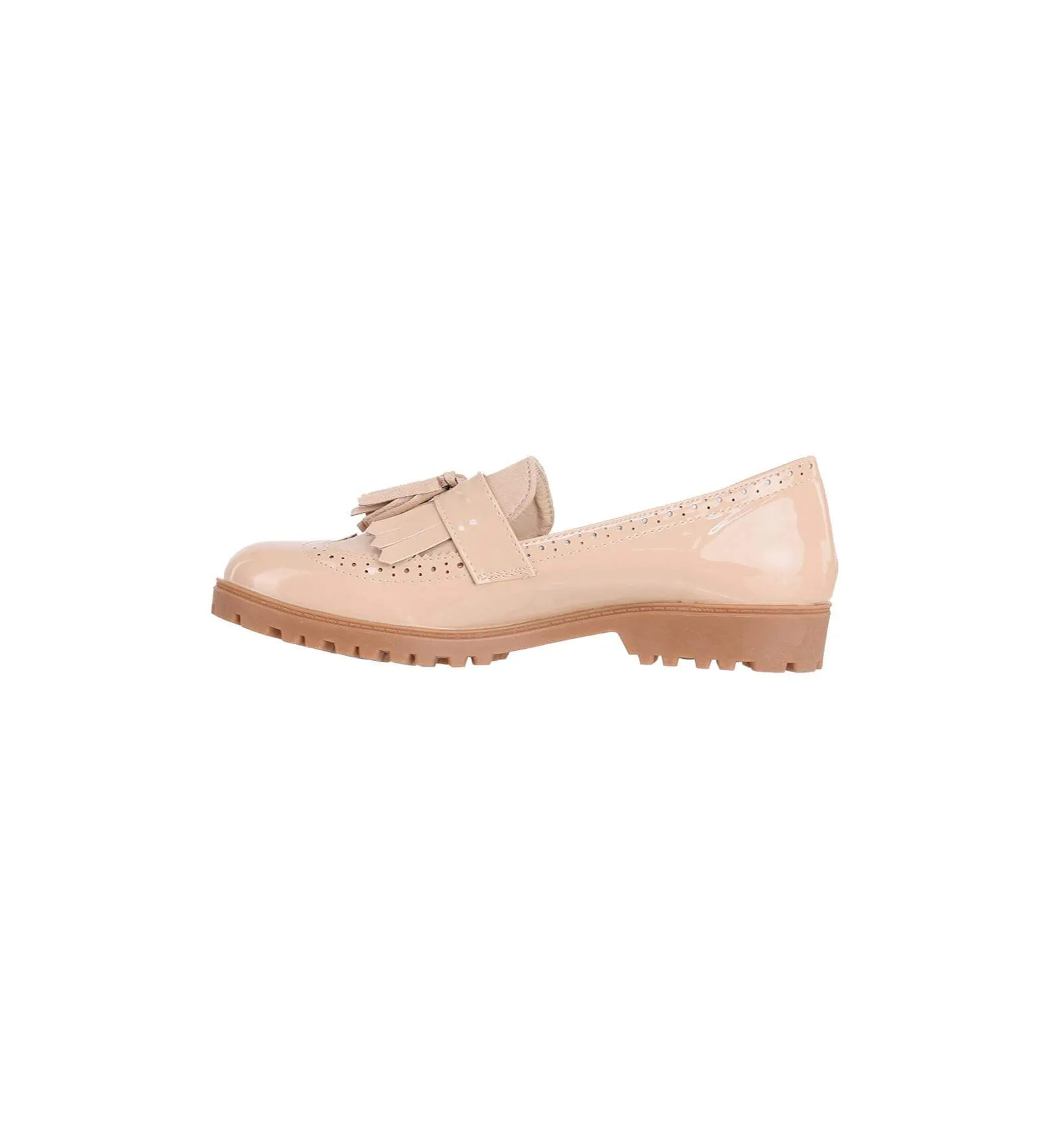 Derby simili cuir verni aspect daim couleur beige avec franges QUEEN