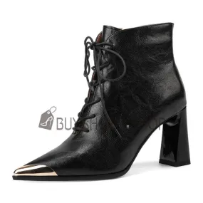 Fourrées A Talon Talon Carré Cuir Grainé Habillé Bottines Cuir Talon Epais