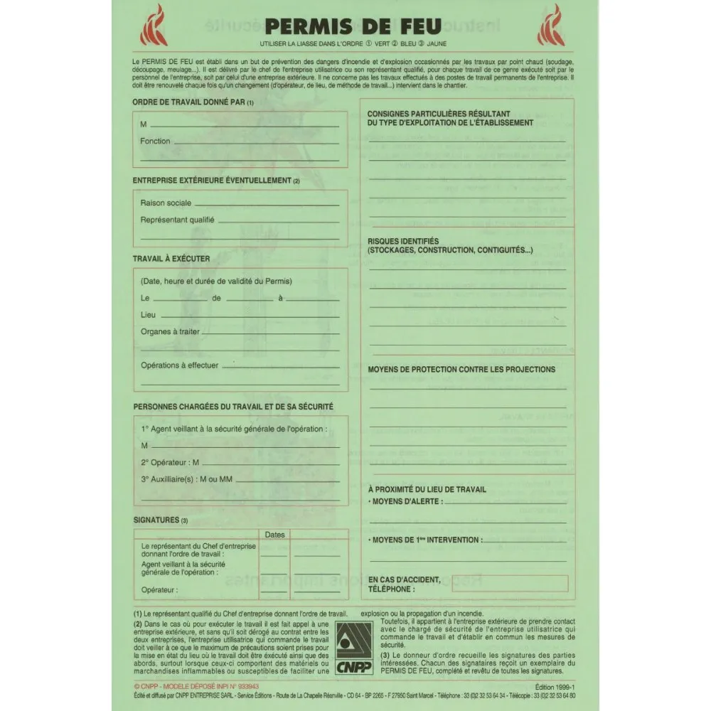 Permis de Feu points chauds 50 Feuillets DESAUTEL