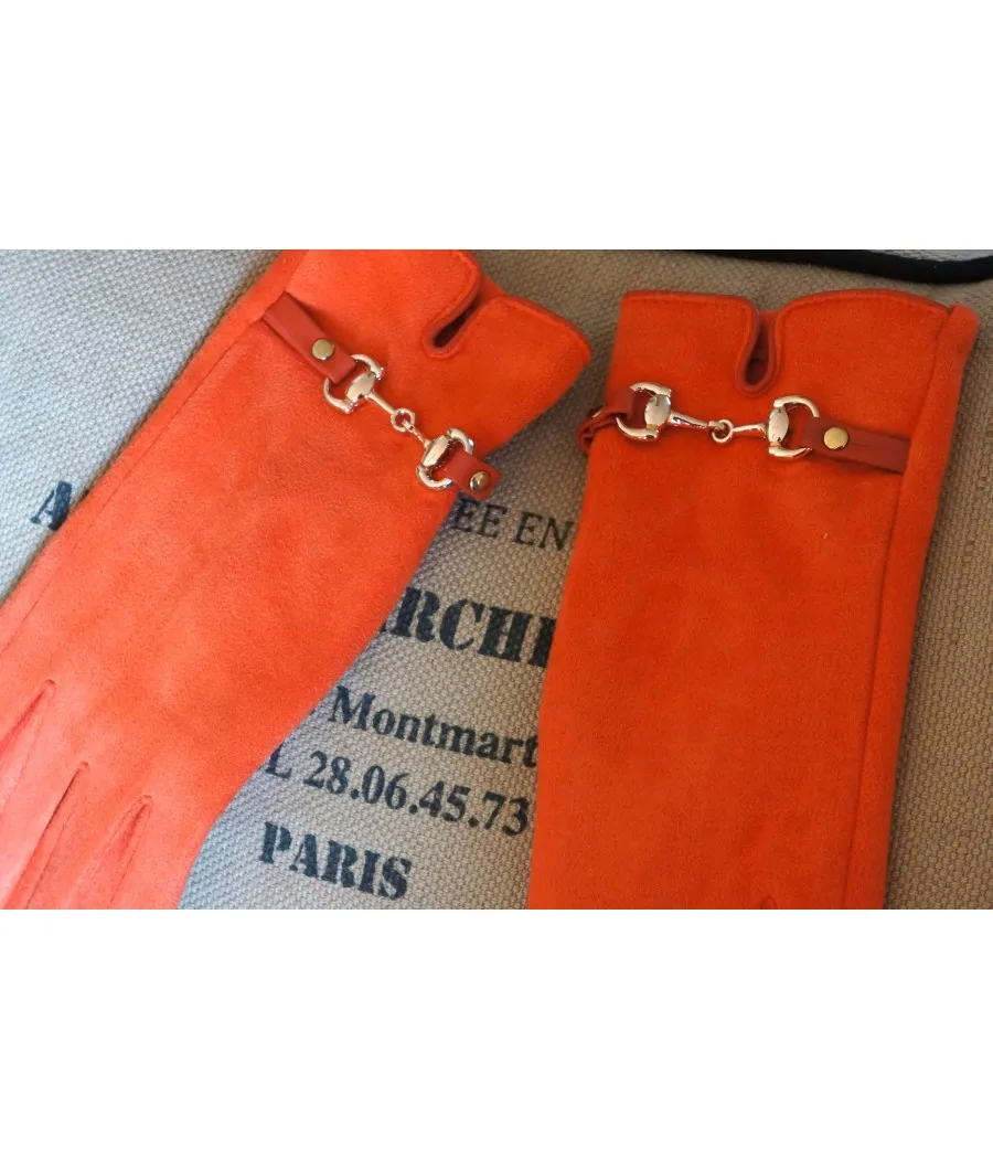 santaia gants suédine orange chauds doux mors cavalerie doré élégant