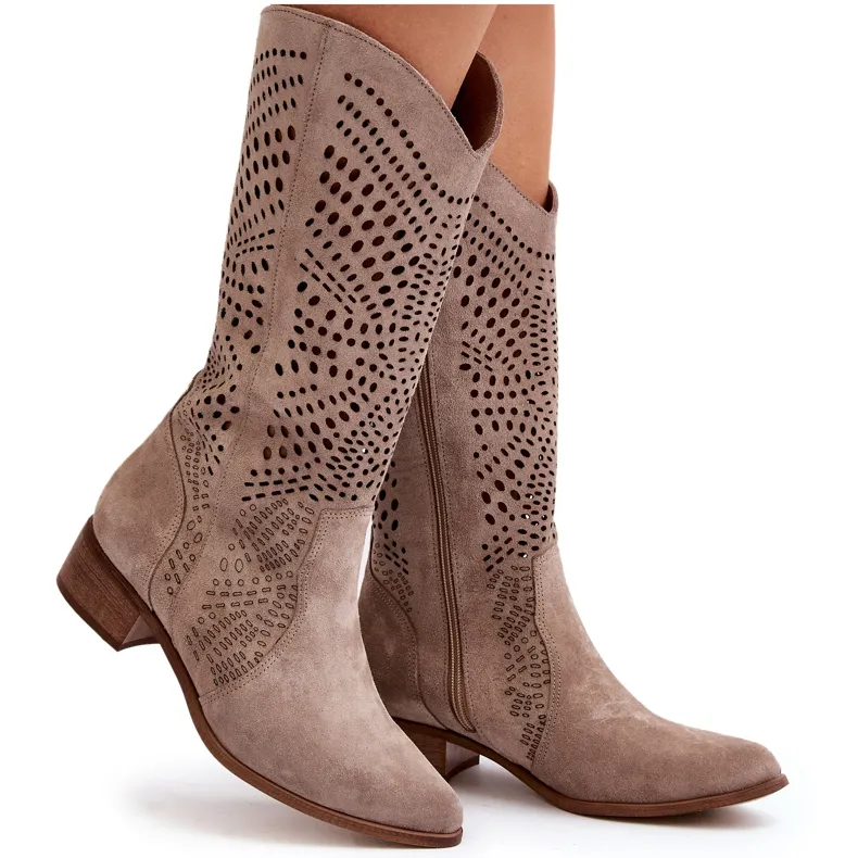 Zazoo 3305/P Bottes Cappucino ajourées mi-mollet en daim beige