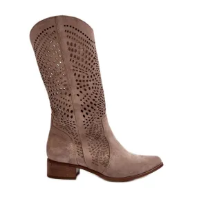 Zazoo 3305/P Bottes Cappucino ajourées mi-mollet en daim beige