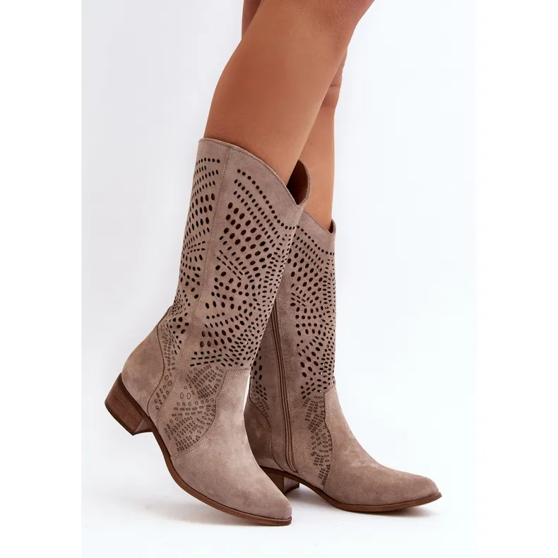 Zazoo 3305/P Bottes Cappucino ajourées mi-mollet en daim beige