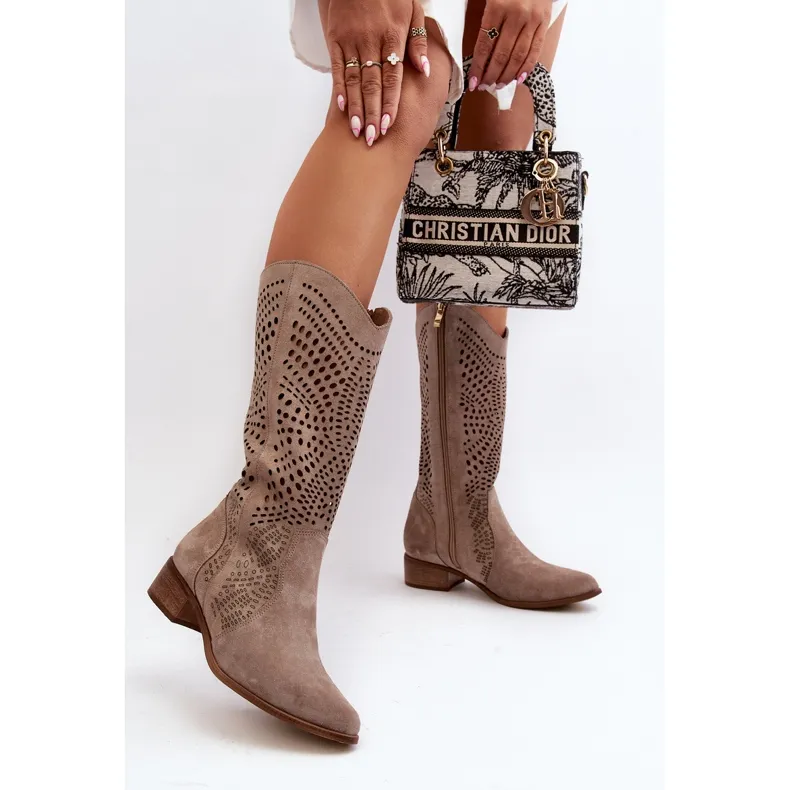 Zazoo 3305/P Bottes Cappucino ajourées mi-mollet en daim beige