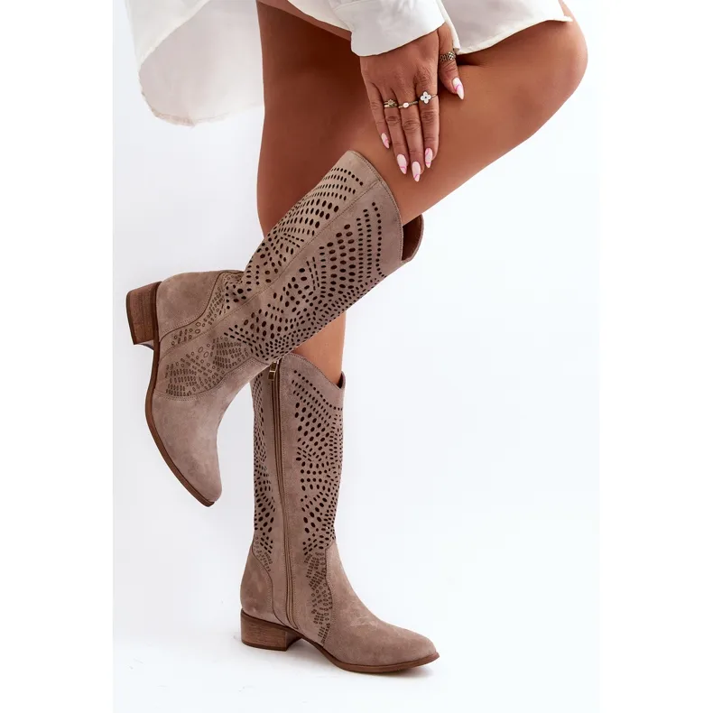 Zazoo 3305/P Bottes Cappucino ajourées mi-mollet en daim beige