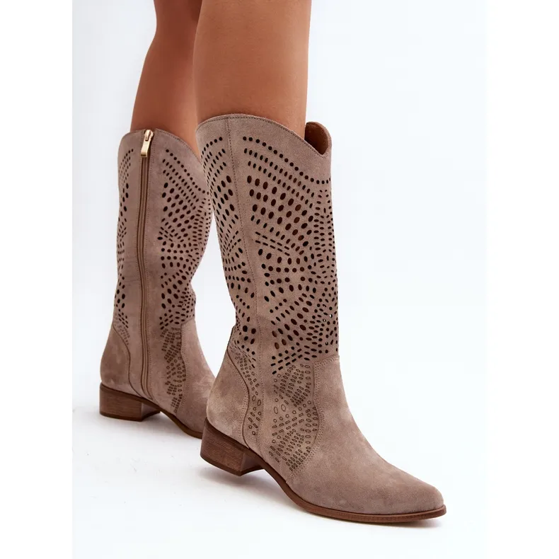 Zazoo 3305/P Bottes Cappucino ajourées mi-mollet en daim beige