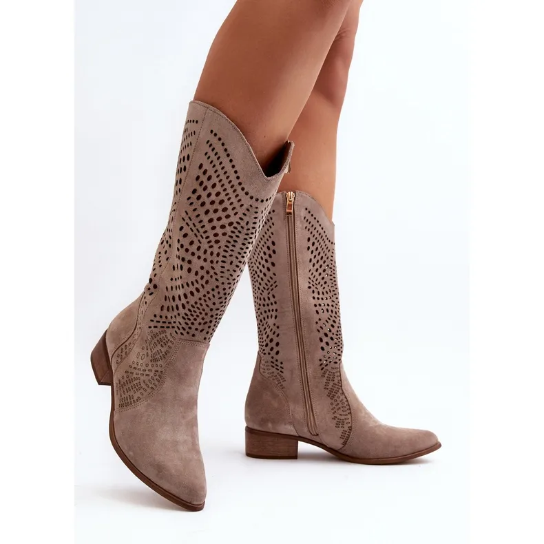 Zazoo 3305/P Bottes Cappucino ajourées mi-mollet en daim beige